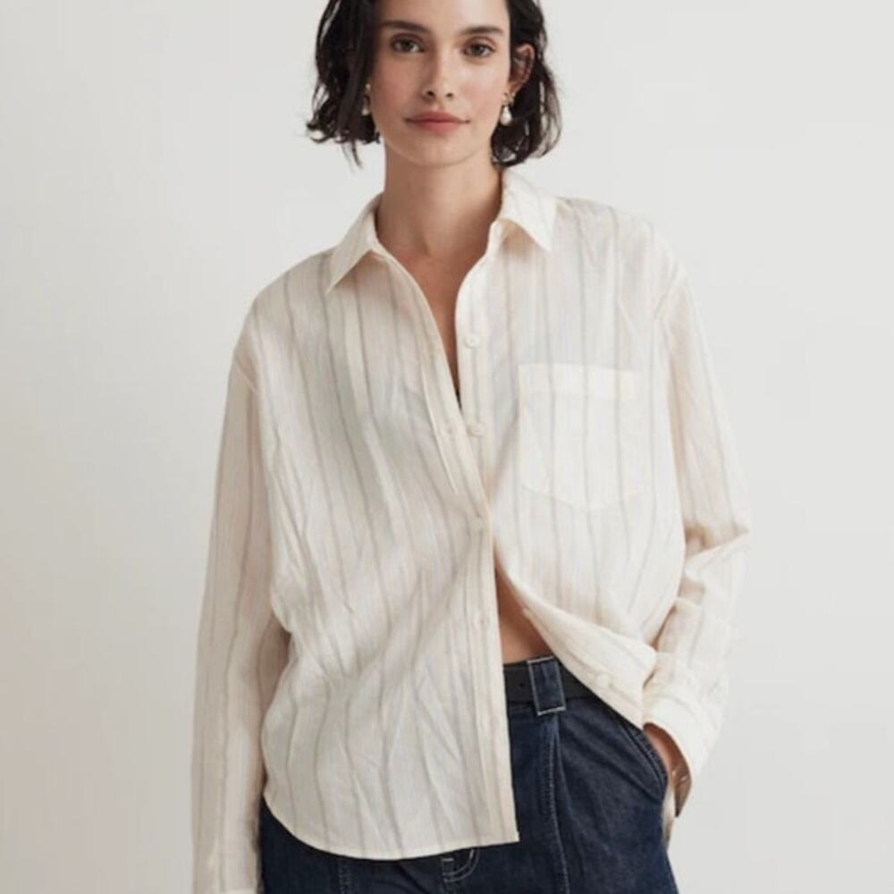 Madewell Relaxed Ivory Striped Button Up Blouse XS Drapey Lightweight Shirt - Picture 1 of 10